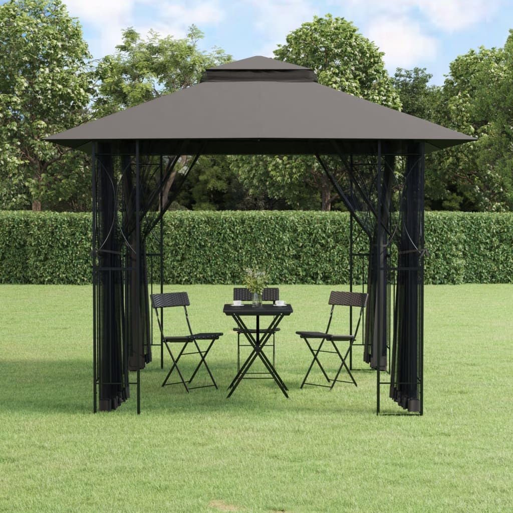 Steel Gazebo with Mesh Sidewalls Double-Tiered Roof N586