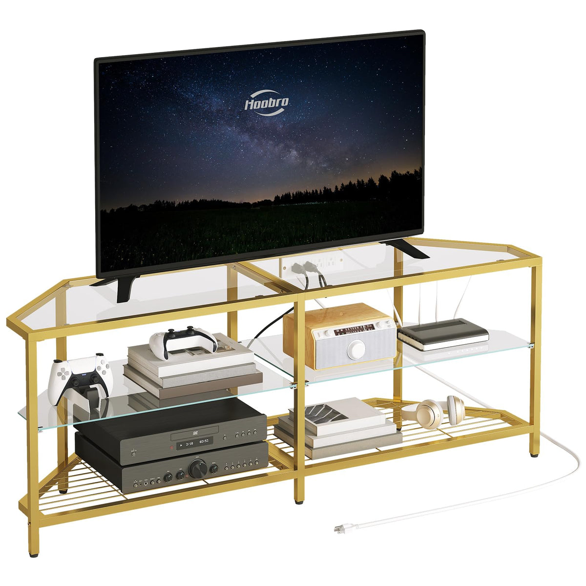 Corner TV Stand with Power Outlet, 55" Tempered Glass G4787