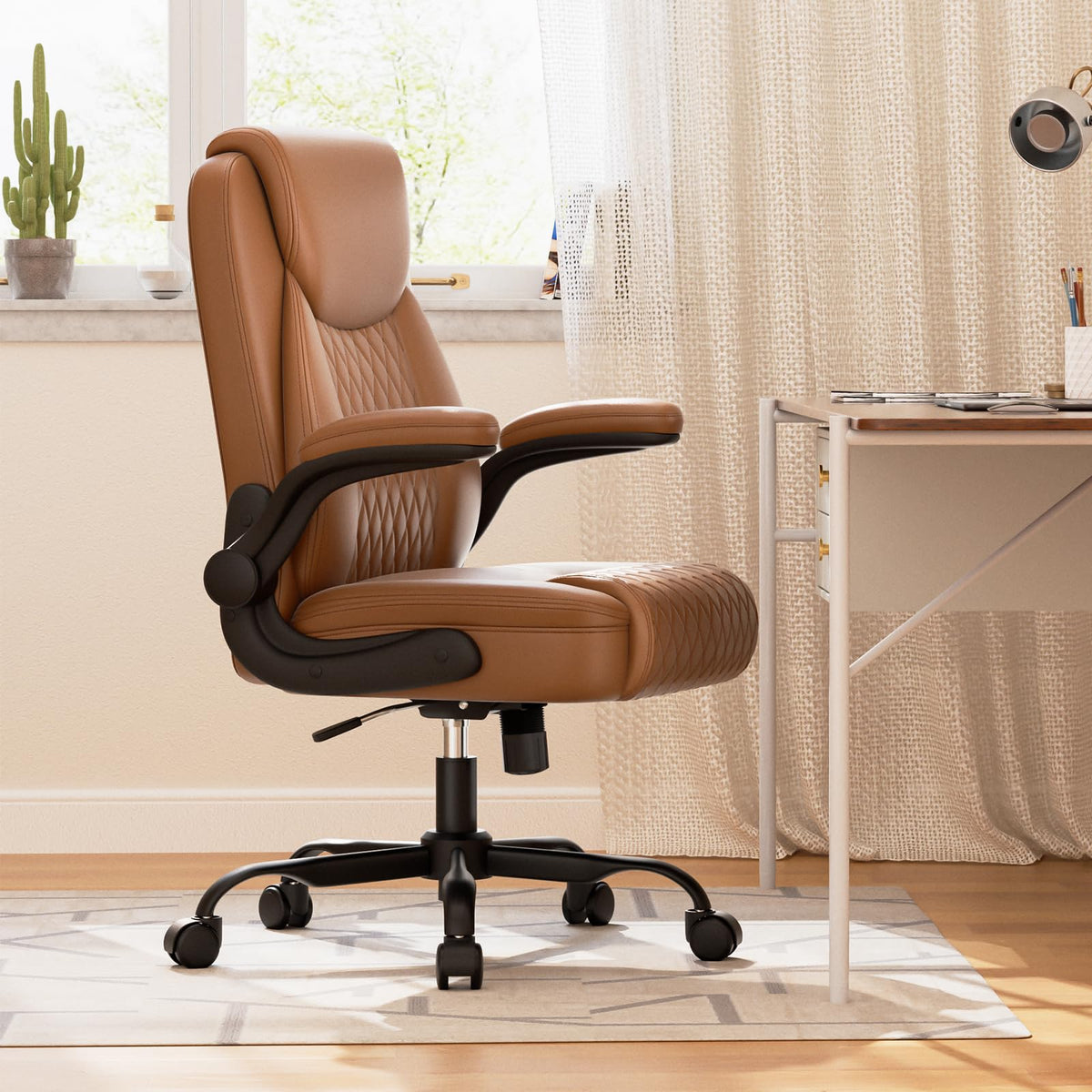 Brown PU Leather Office Chair with Flip-up Arms U262