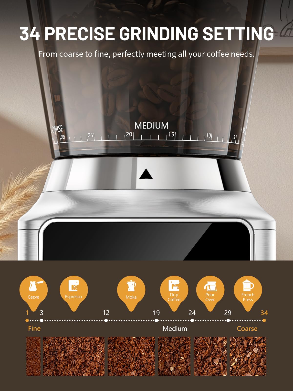 Conical Burr Coffee Grinder with Touch Screen 34 Grind C596052