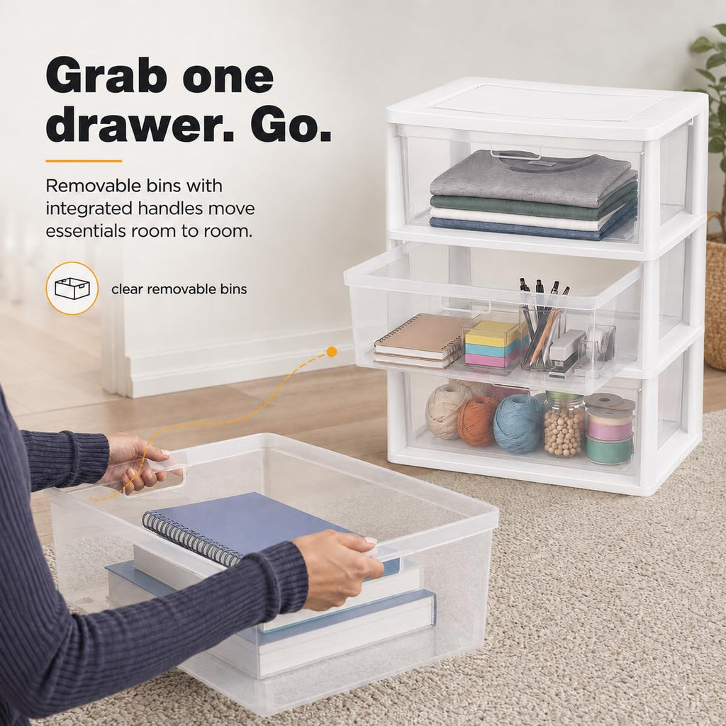 3-Drawer Plastic Storage Tower with Clear Removable Bins O321