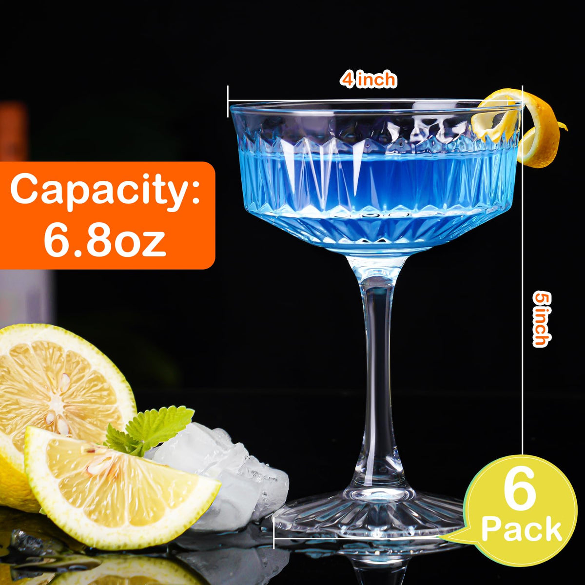 Crystal Coupe Glasses Set of 6, 6.8oz Cocktail Glasses V1530