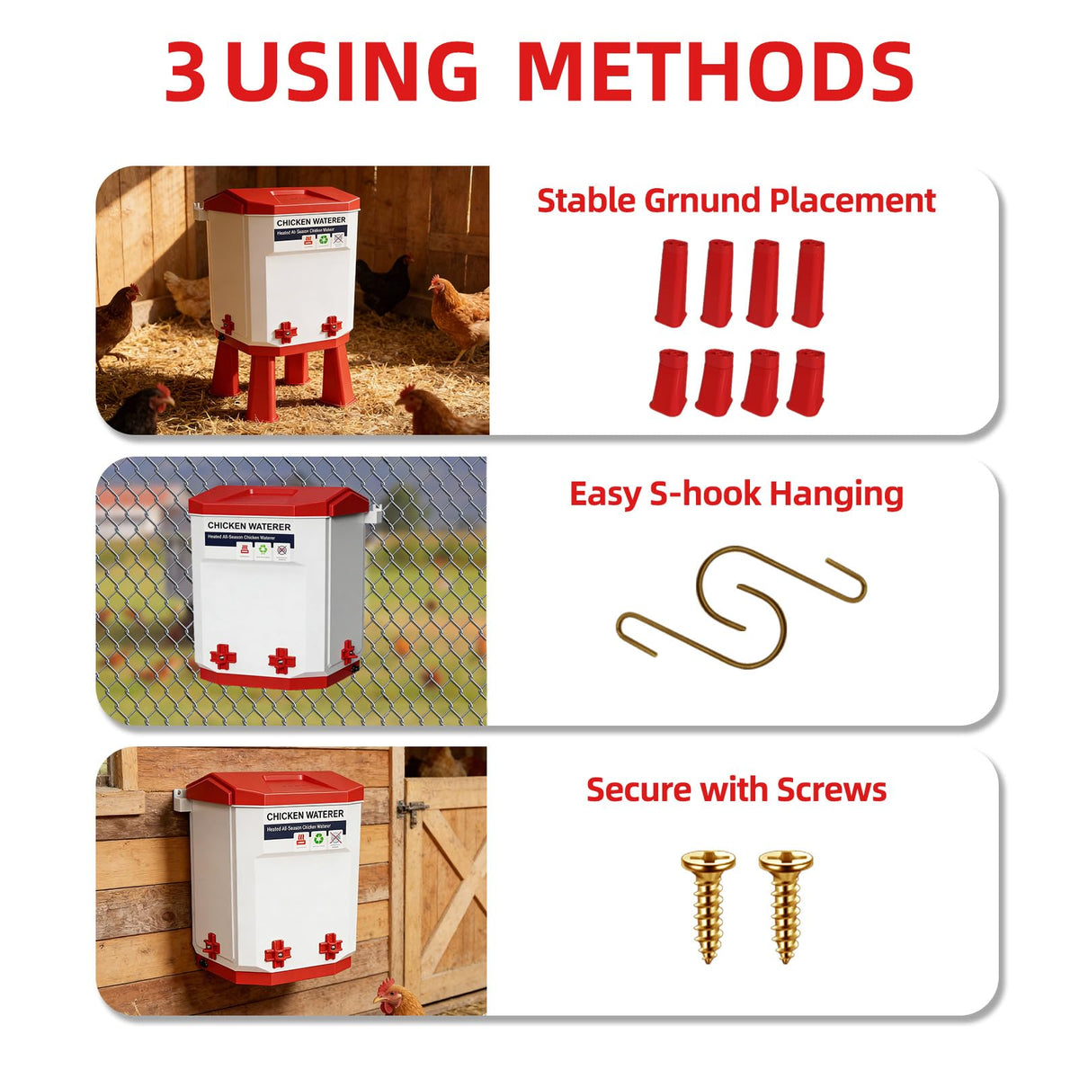 3-Gallon Heated Chicken Waterer with Heater and 4 Nipples N96280