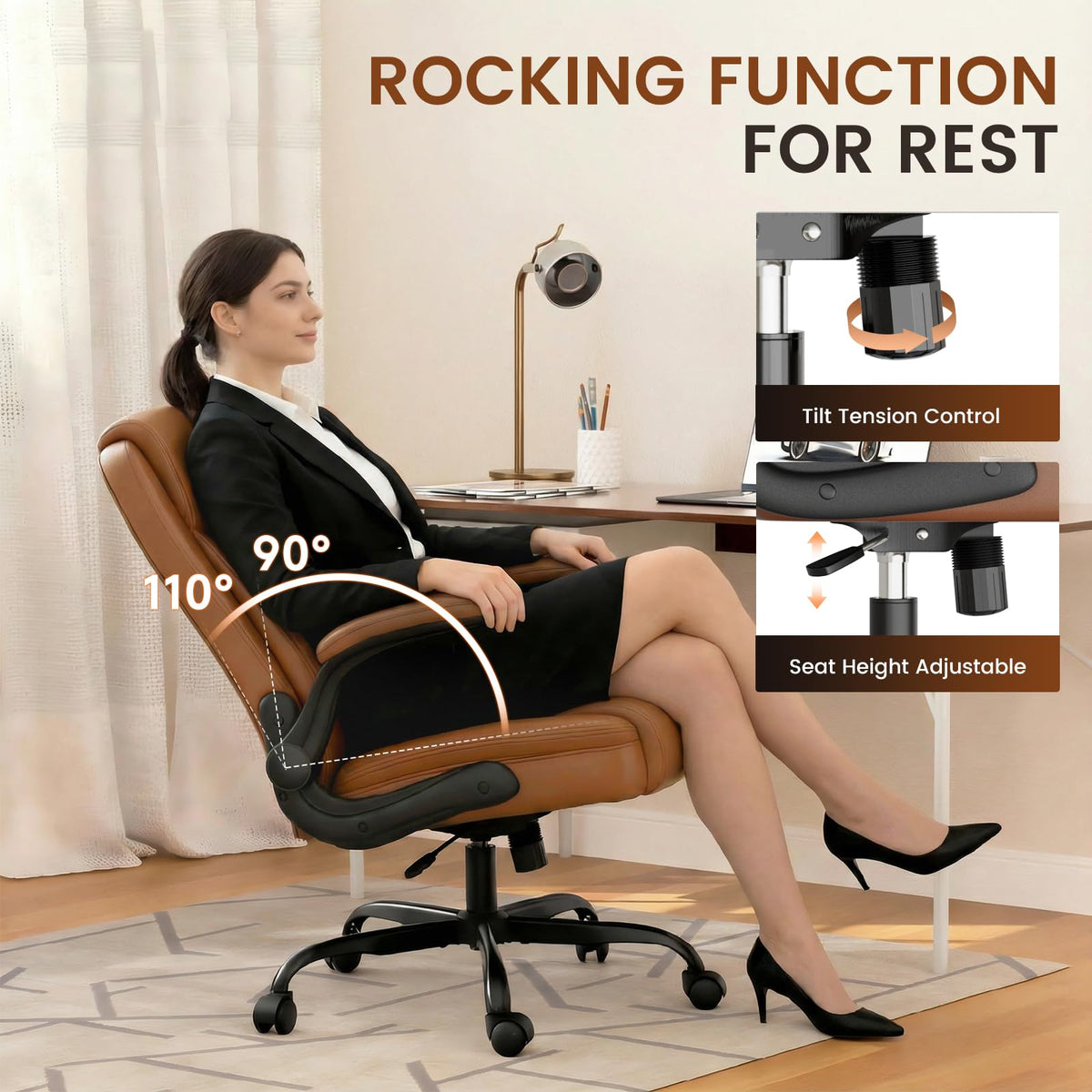Brown PU Leather Office Chair with Flip-up Arms U262