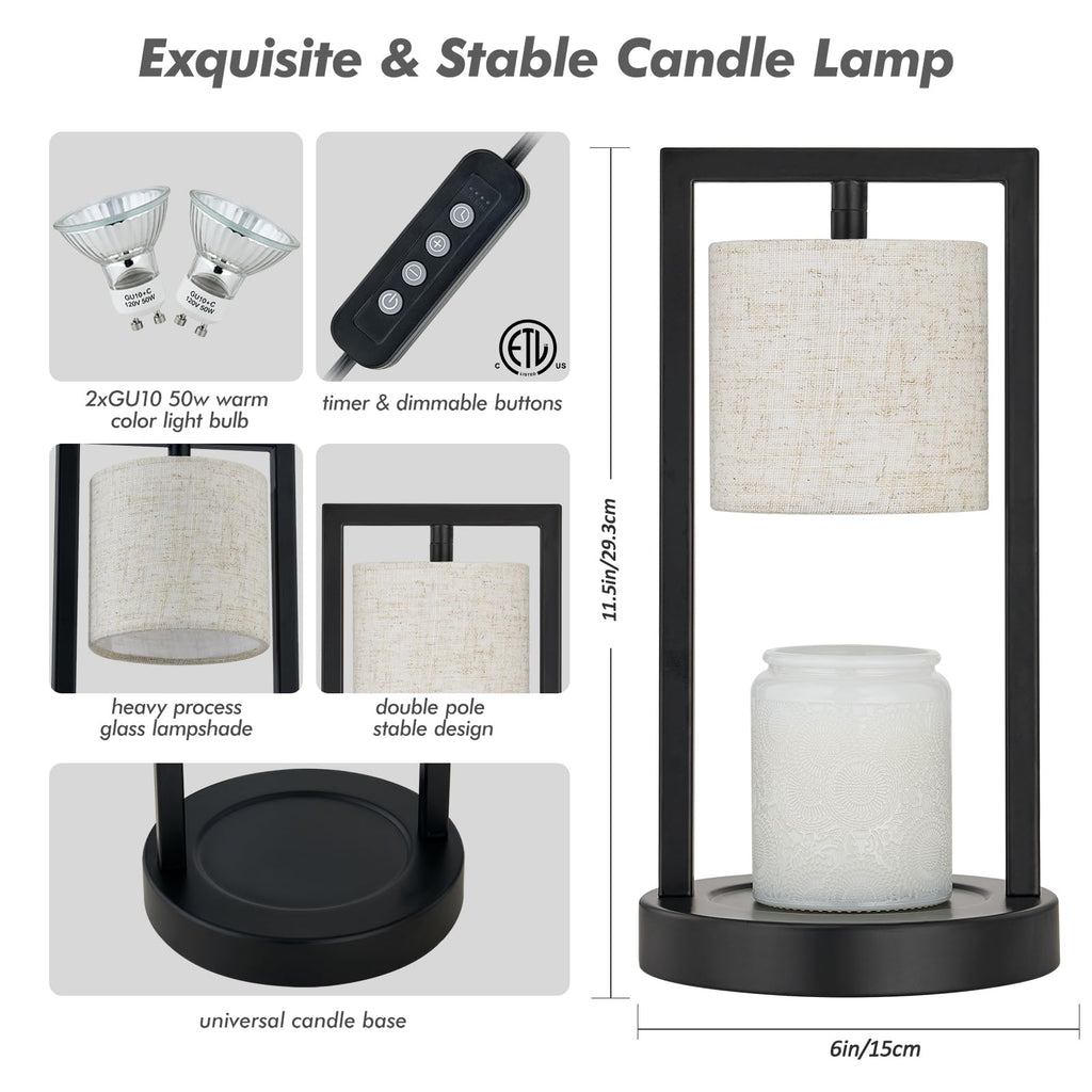Black Candle Warmer Lamp with Timer, Linen Fabric Shade, 3-Level Dimmable G92547