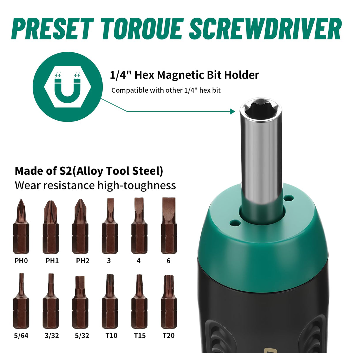 Torque Screwdriver 5-70 in-lb 1/4" Drive Precision Driver Set N9981