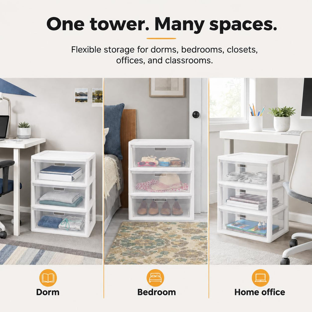 3-Drawer Plastic Storage Tower with Clear Removable Bins O321
