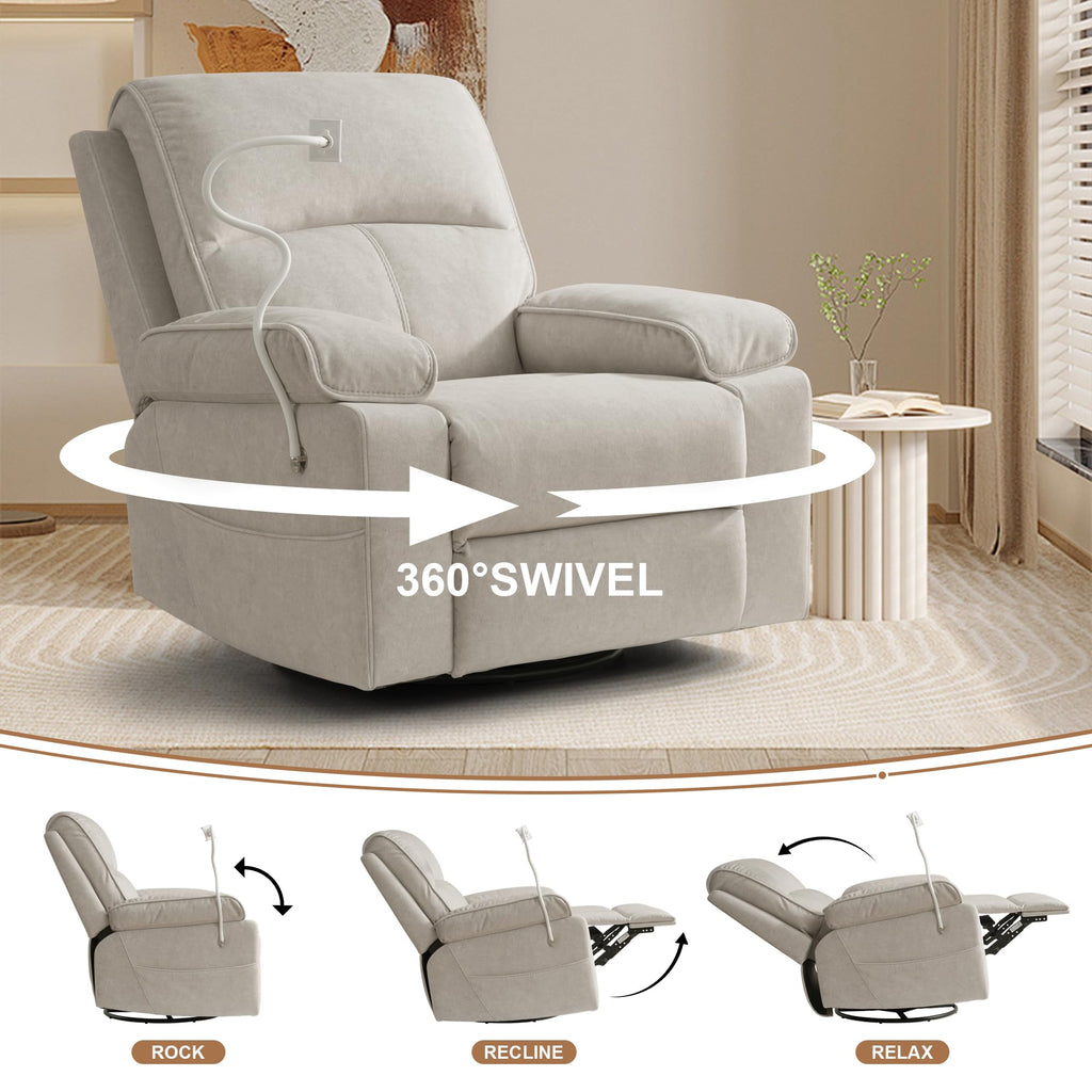 Beige Velvet Swivel Rocker Recliner Chair Y5850