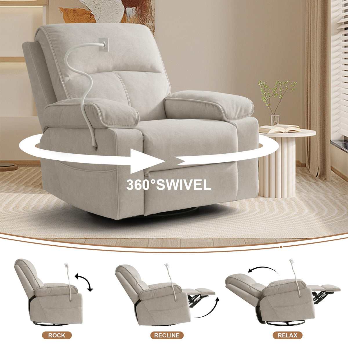 Beige Velvet Swivel Rocker Recliner Chair Y5850