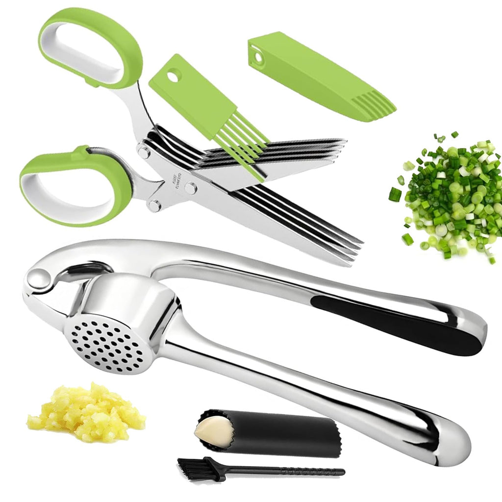 Stainless Steel 2 in 1 Garlic Press and Herb Scissors Y586