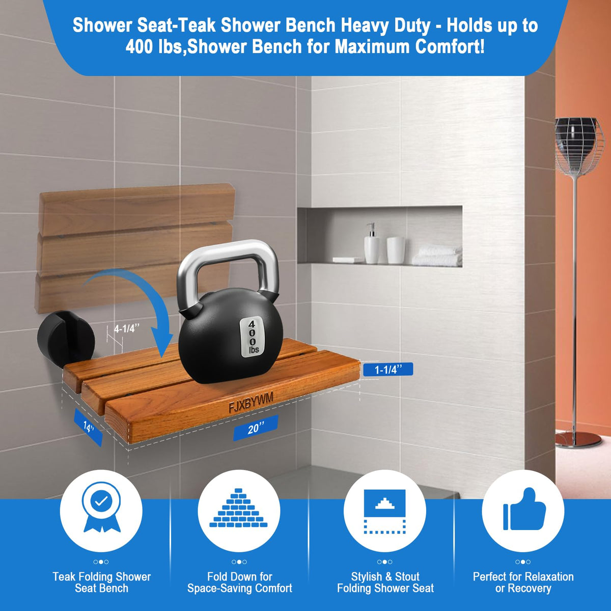 20" Teak Wall Mounted Fold Down Shower Seat 400 lbs Capacity N7018