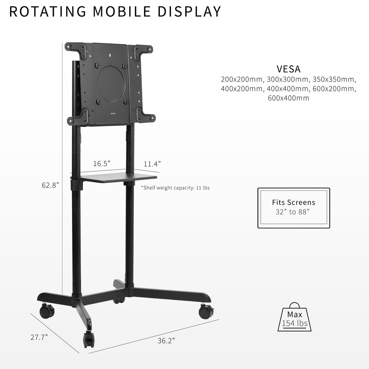 Black Mobile TV Cart for 32 to 88 inch Screens U8257