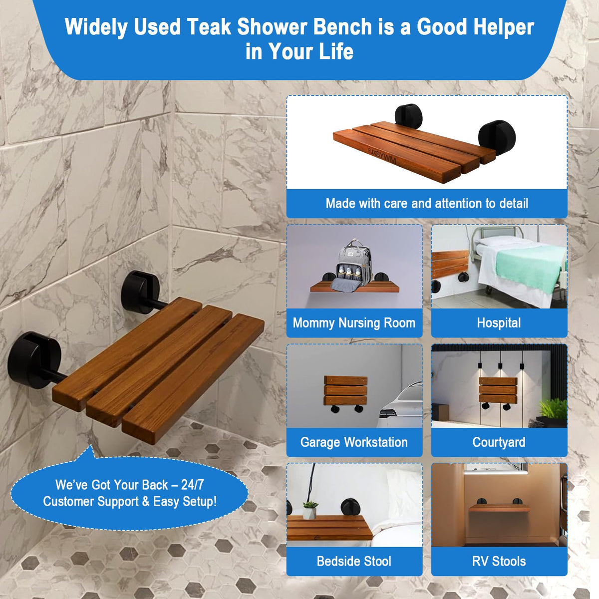20" Teak Wall Mounted Fold Down Shower Seat 400 lbs Capacity N7018