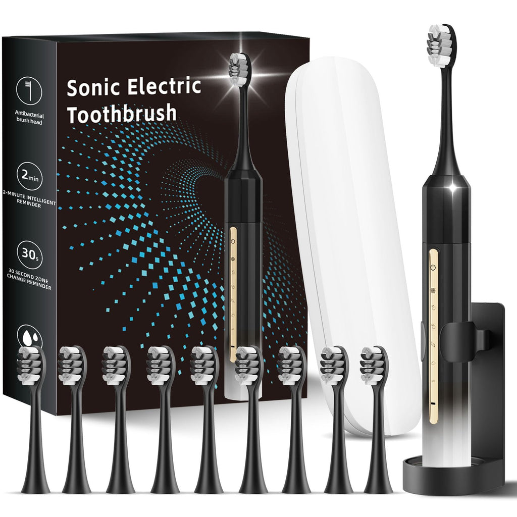 Black White Electric Toothbrush with 10 Brush Heads D78664