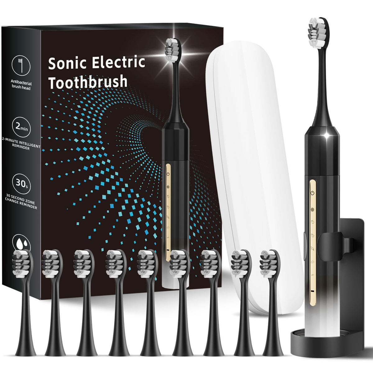 Black White Electric Toothbrush with 10 Brush Heads D78664