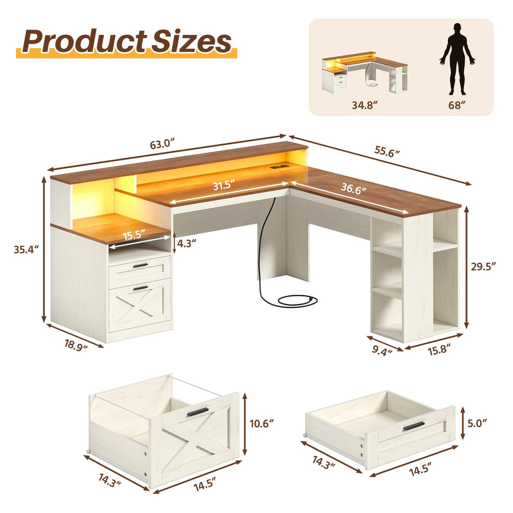 63" L Shaped Desk with Drawers and Storage Shelves Y8729