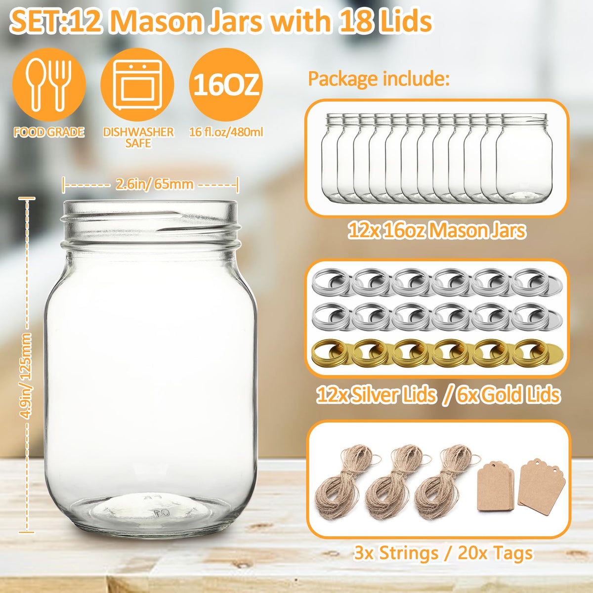 16 oz Wide Mouth Glass Mason Jars 12 Pack with Lids U6186
