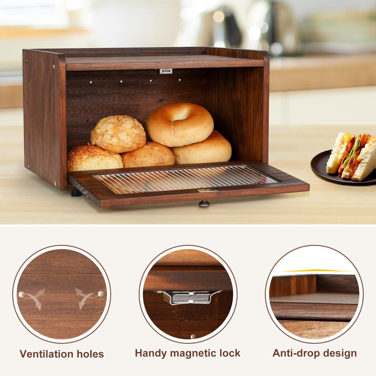 Wooden Bread Box with Acrylic Window Q569