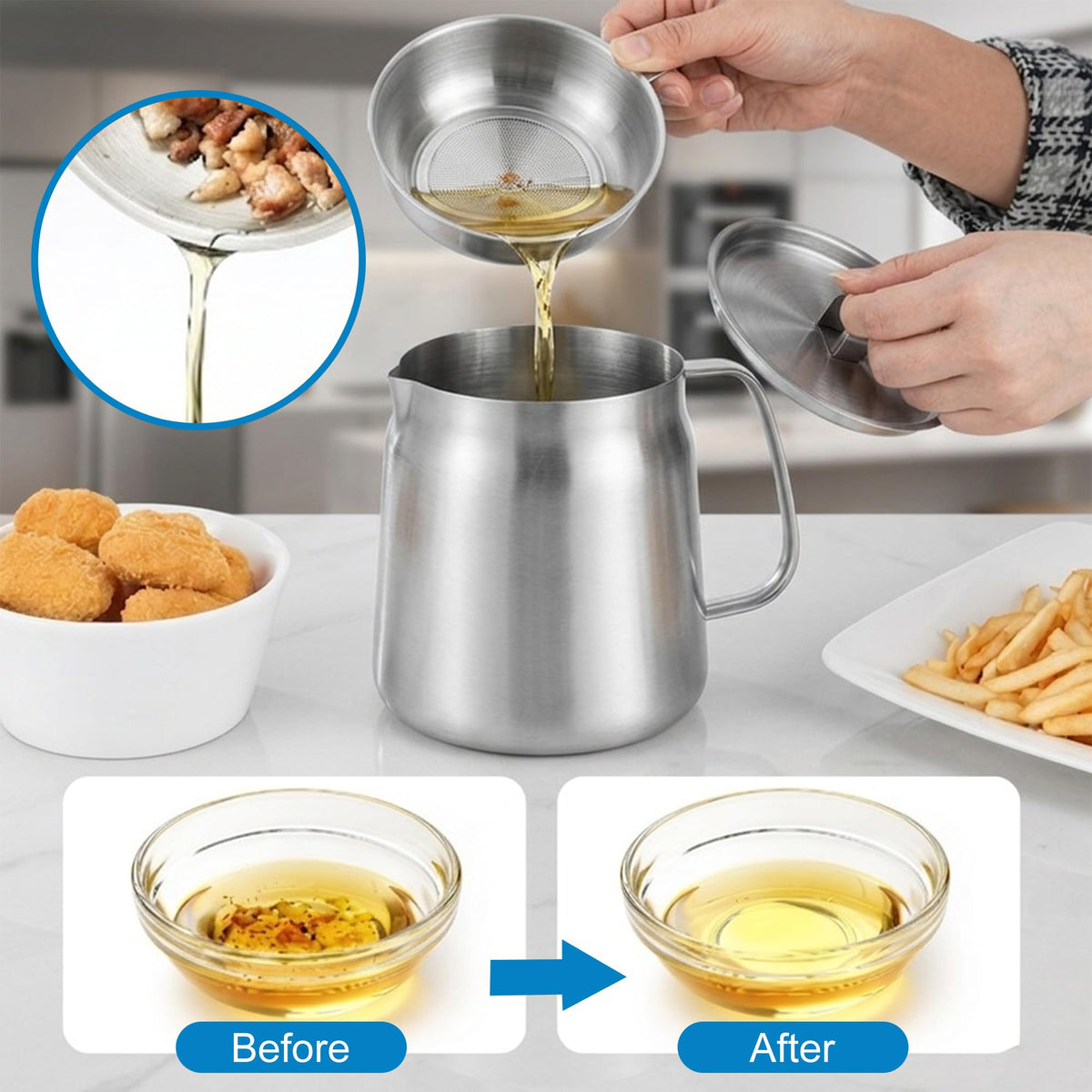 68oz Stainless Steel Oil Filter Pot with Fryer Basket E966