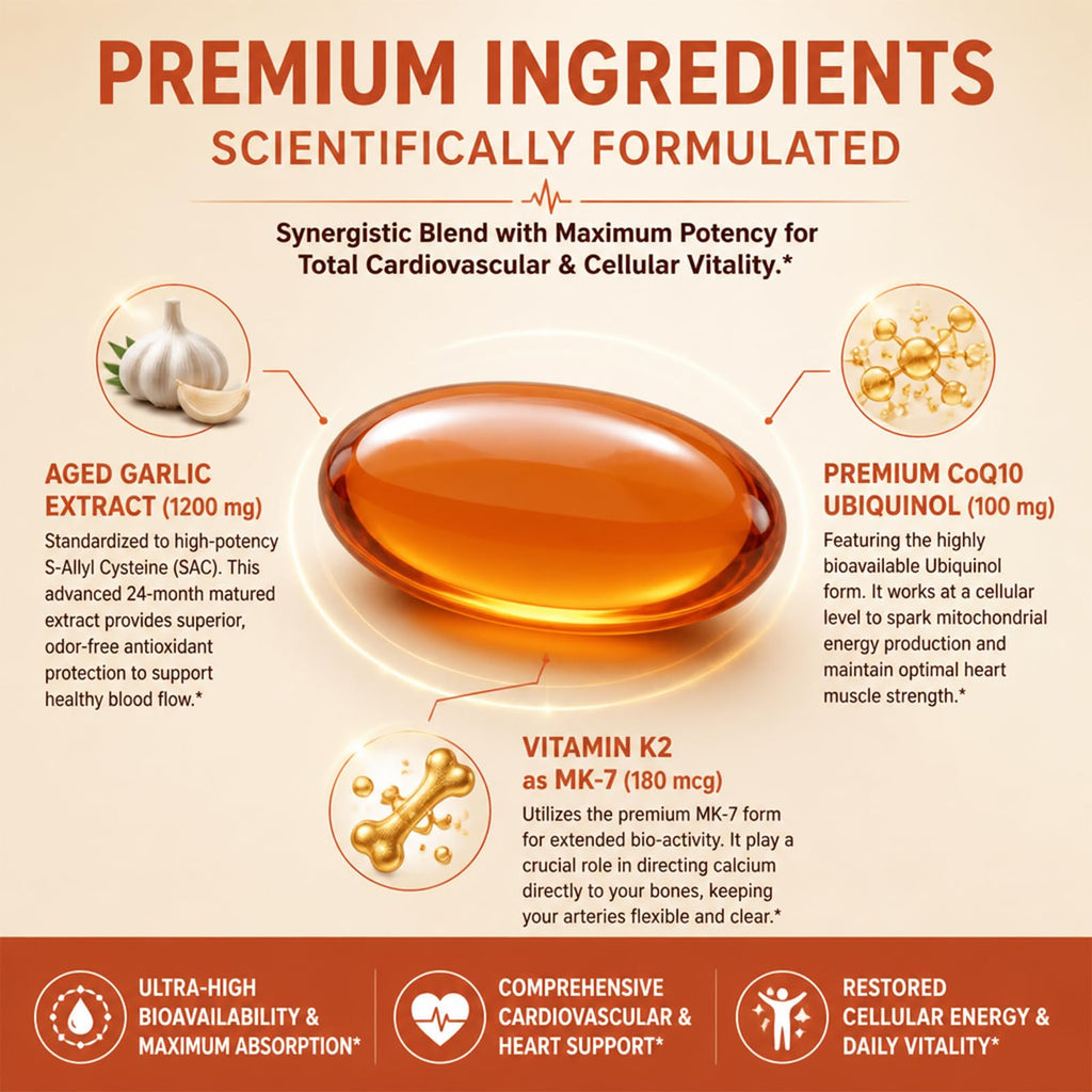 Aged Garlic Extract 1200 mg Softgels with CoQ10 Ubiquinol & Vitamin K2 180 Counts D739