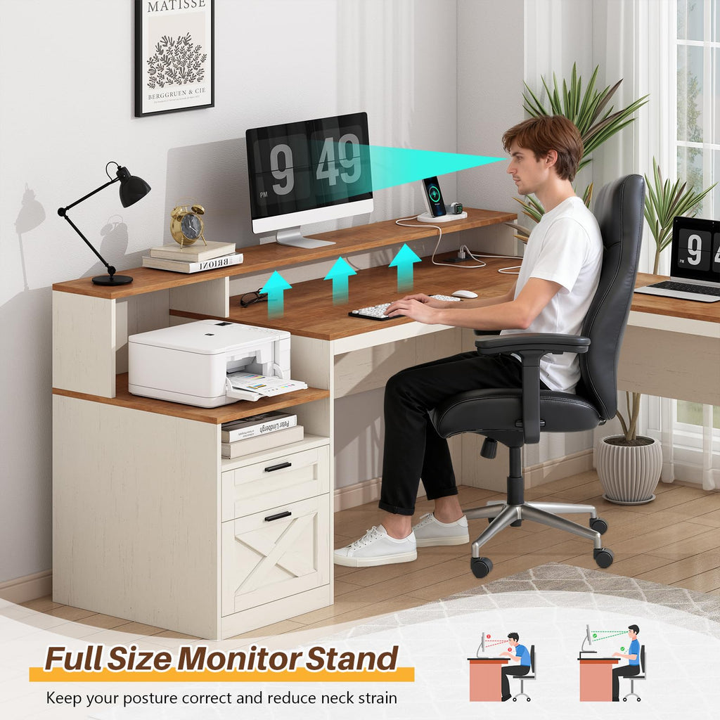 63" L Shaped Desk with Drawers and Storage Shelves Y8729