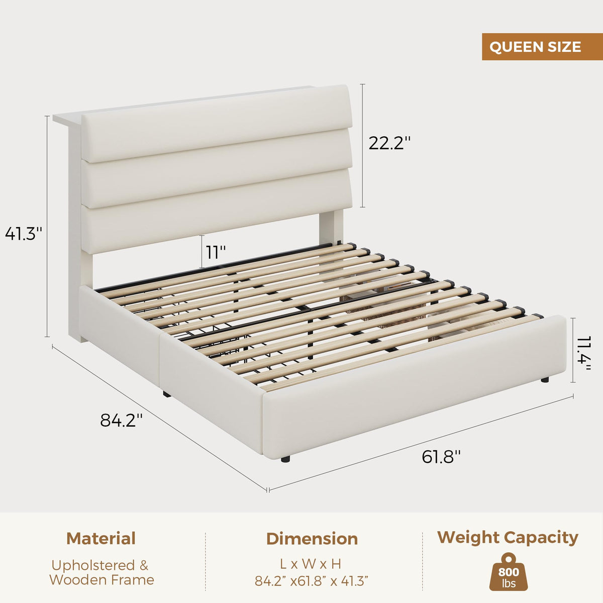Beige Queen Size Bed Frame with 2 Storage Drawers Q6148