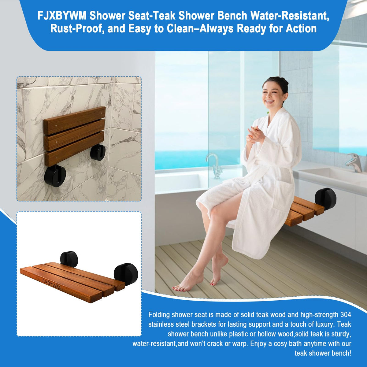 20" Teak Wall Mounted Fold Down Shower Seat 400 lbs Capacity N7018