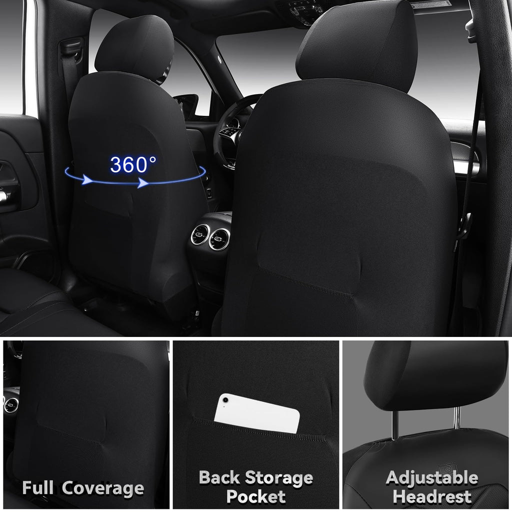 Water Resistant Faux Leather Seat Covers Full Set with Lumbar Support Solid Black E475