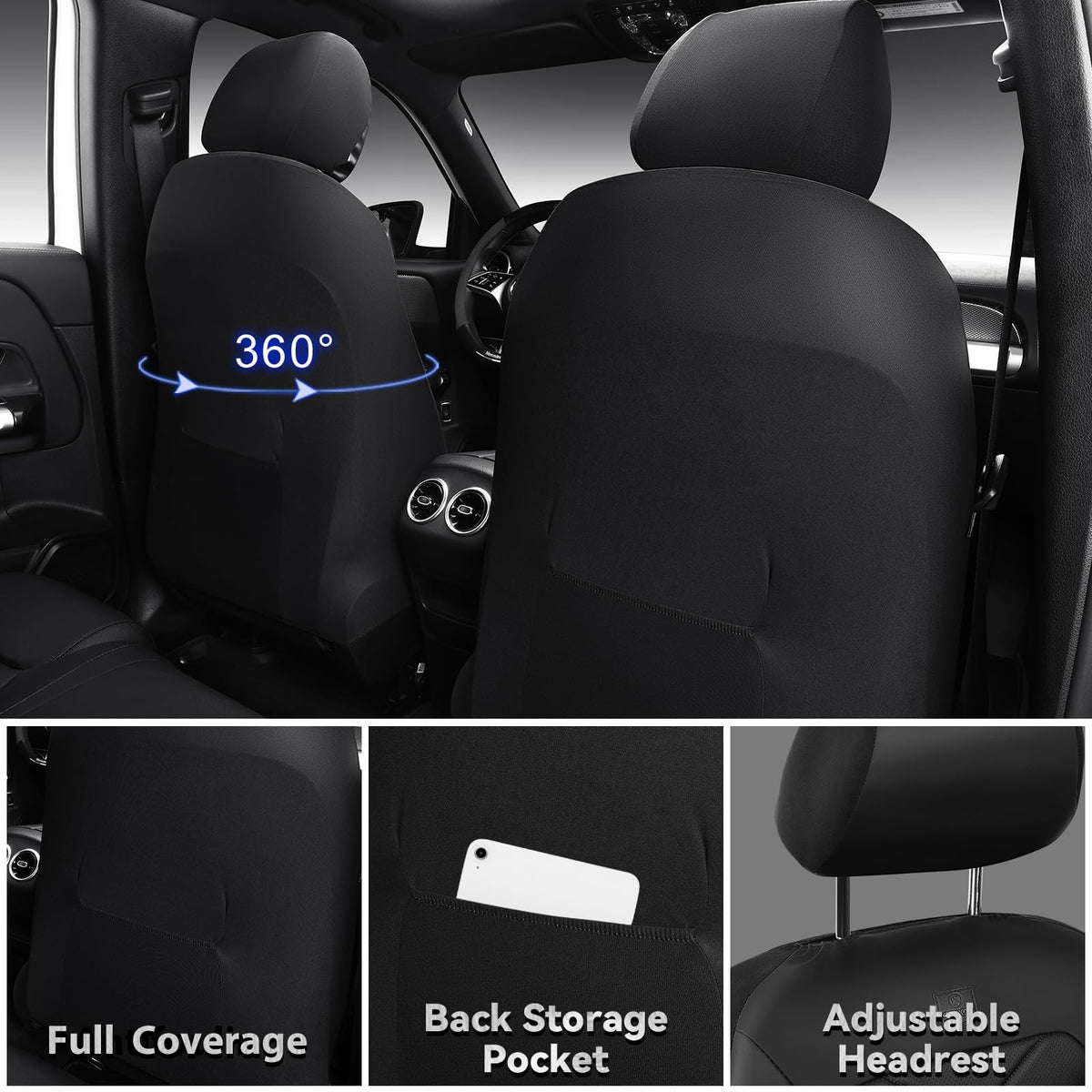 Water Resistant Faux Leather Seat Covers Full Set with Lumbar Support Solid Black E475