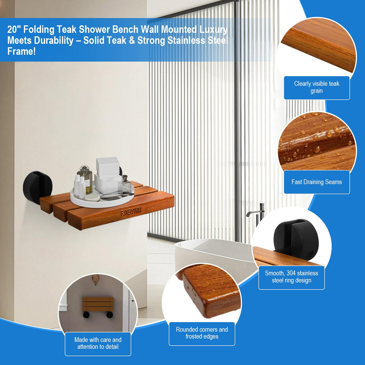20" Teak Wall Mounted Fold Down Shower Seat 400 lbs Capacity N7018