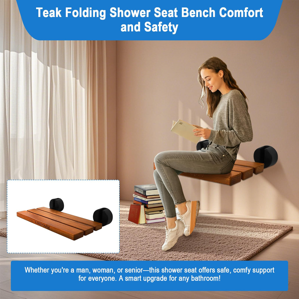 20" Teak Wall Mounted Fold Down Shower Seat 400 lbs Capacity N7018