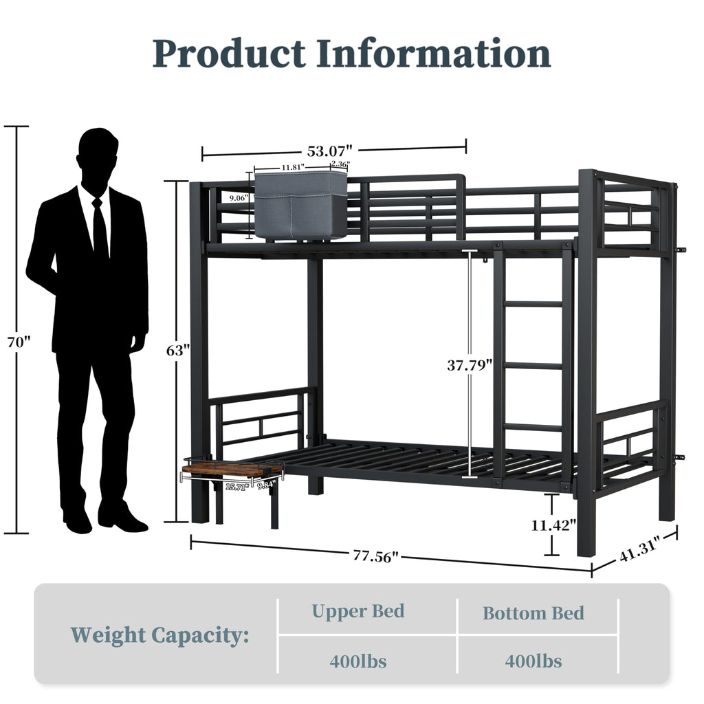 Twin Over Twin Heavy Duty Metal Bunk Bed with Guardrail S3243