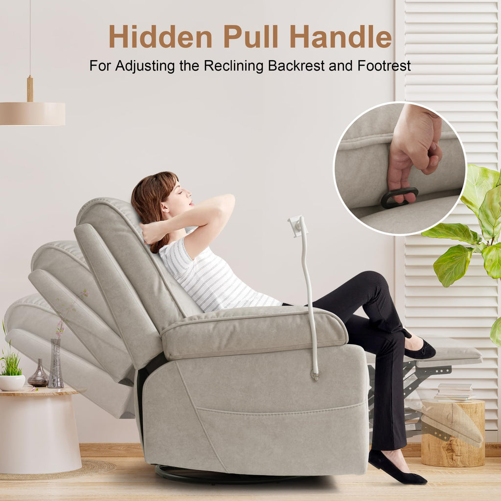 Beige Velvet Swivel Rocker Recliner Chair Y5850
