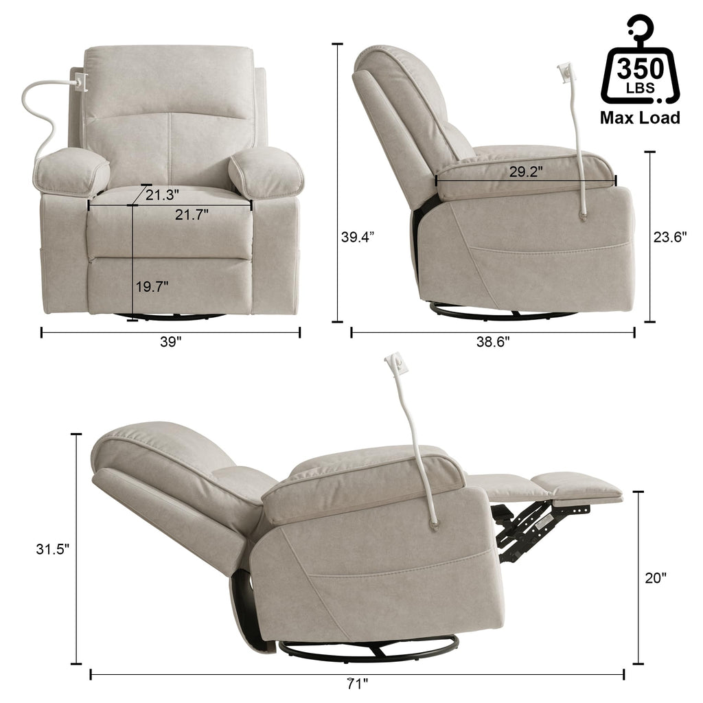 Beige Velvet Swivel Rocker Recliner Chair Y5850
