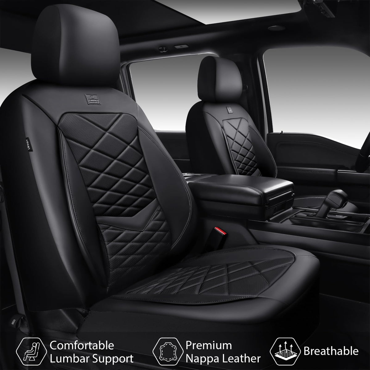 Water Resistant Faux Leather Seat Covers Full Set with Lumbar Support Solid Black E475