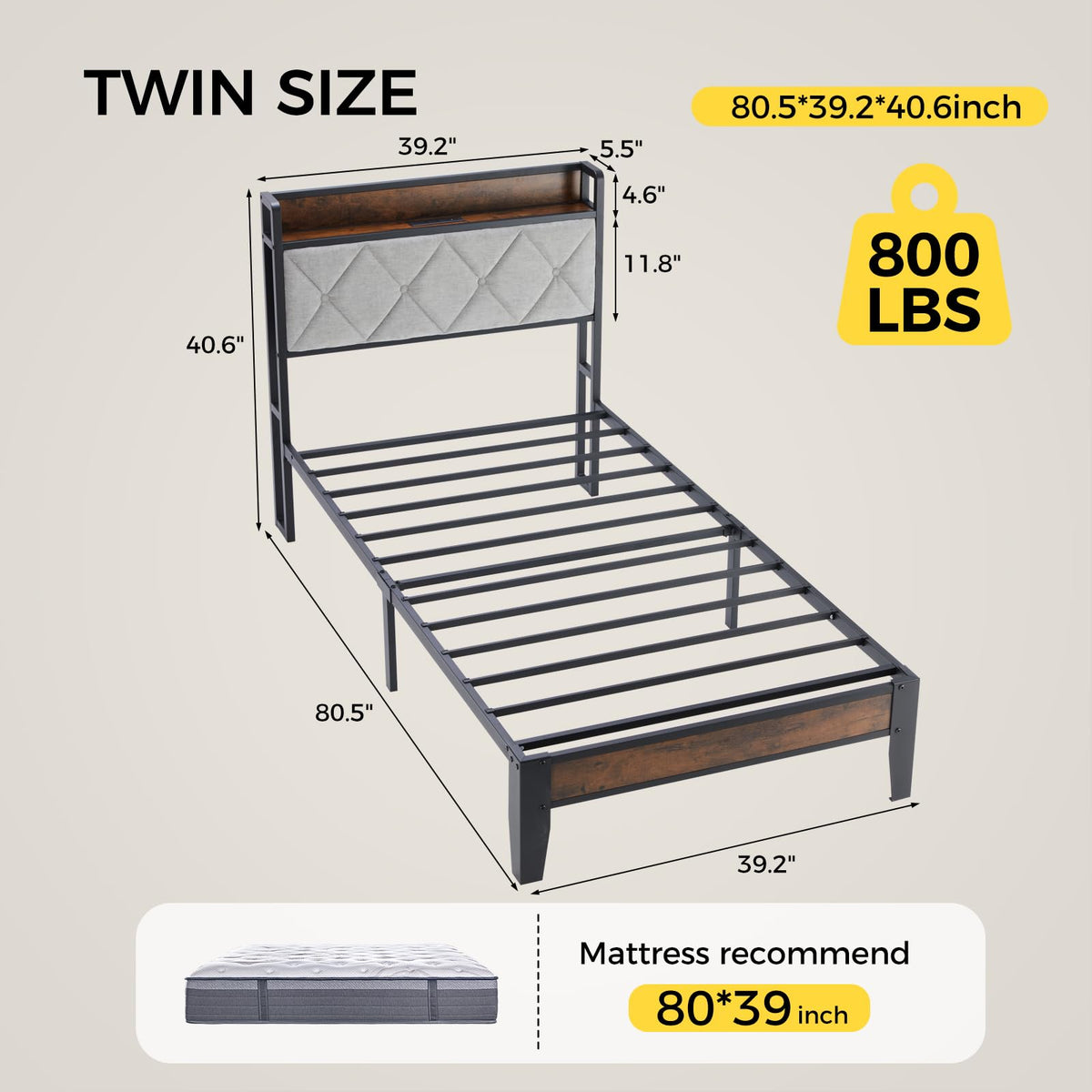 Twin Platform Bed Frame with USB Charging Ports L5688