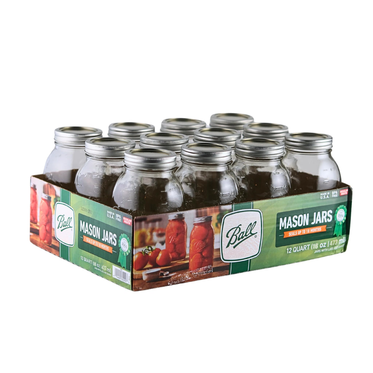 16oz Regular Mouth Glass Mason Jars with Lids & Bands, Set of 12 K1747