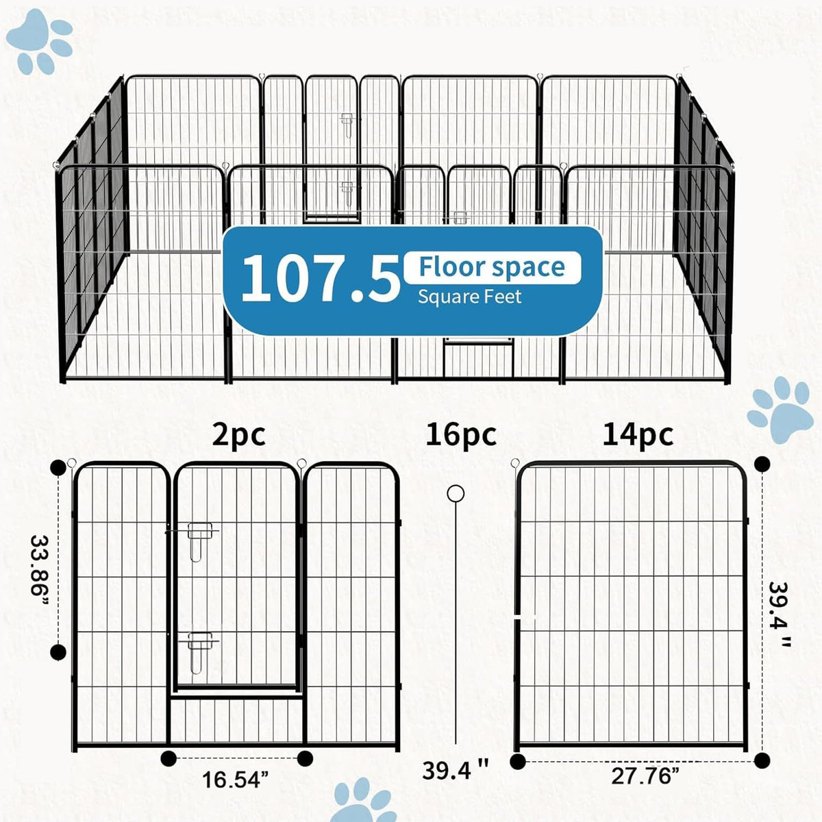 40 Inch 16 Panels Metal Dog Playpen J1403