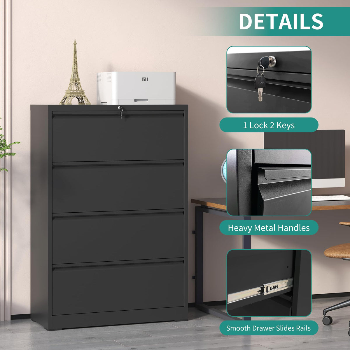 4 Drawer Black Metal File Cabinet with Lock Y665794