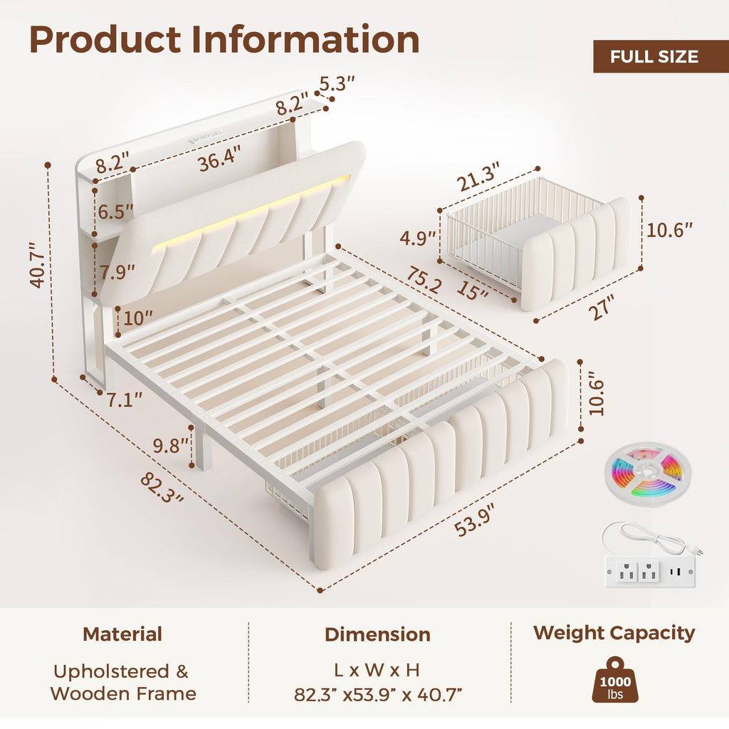 White Upholstered Storage Bed Frame Full Size with Drawers and Charging Station L6784