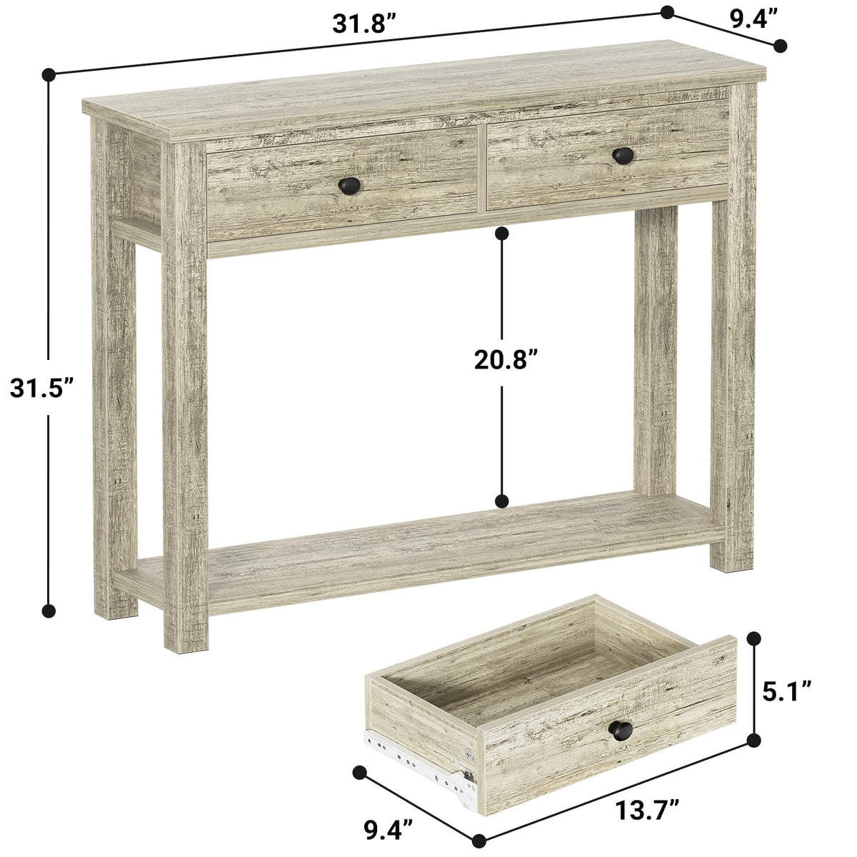 32 Inch Light Rustic Oak Console Table with 2 Drawers O390309