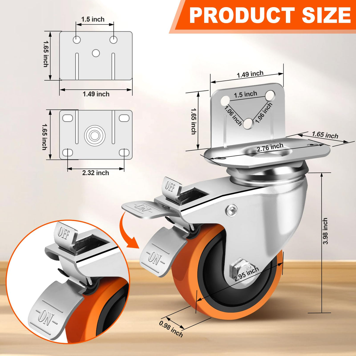 3 Inch Side Mount Casters Set of 4 with Brakes T5685