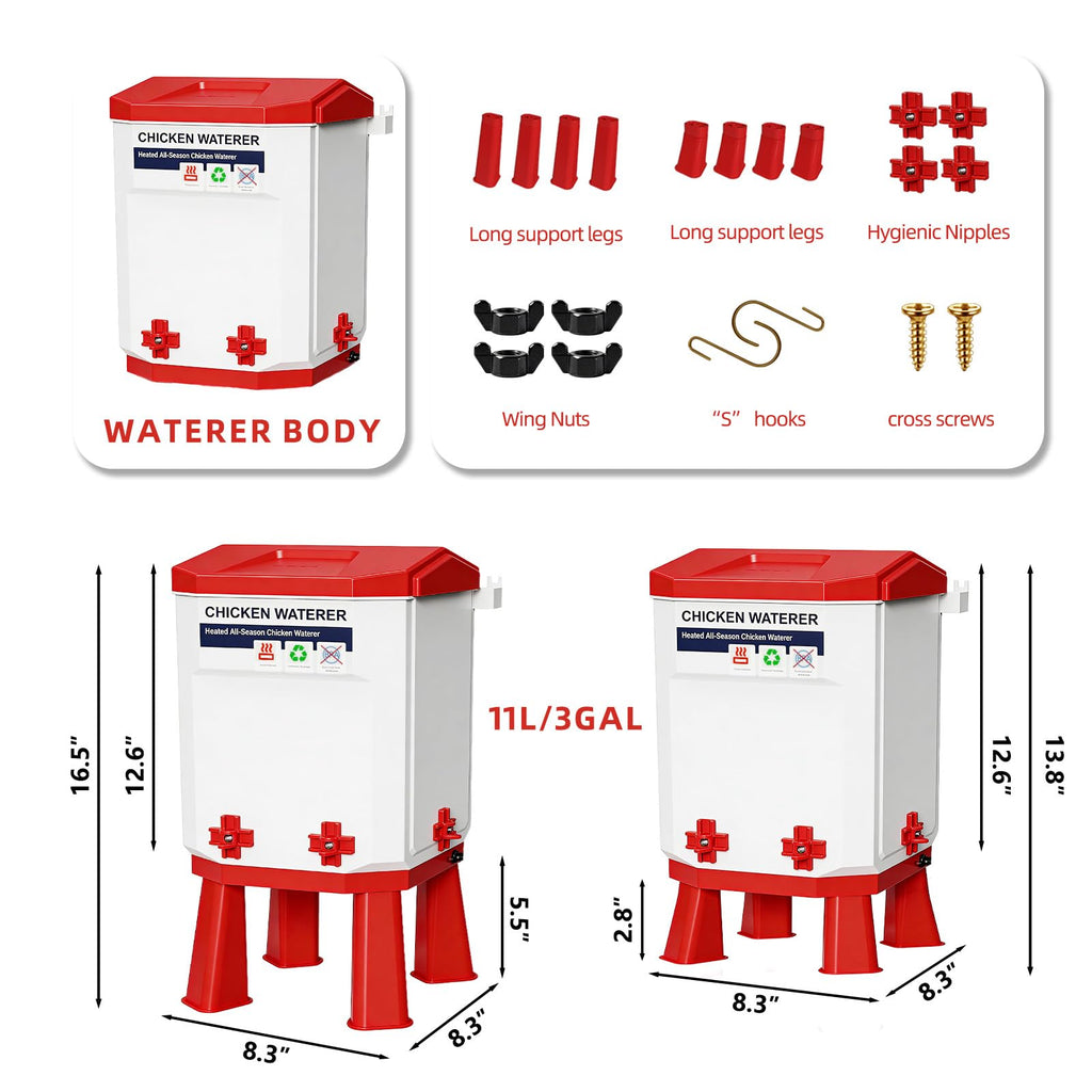 3-Gallon Heated Chicken Waterer with Heater and 4 Nipples N96280