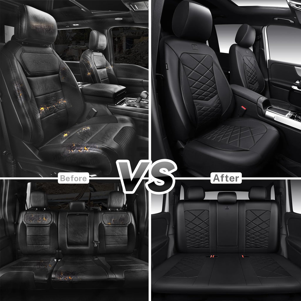 Water Resistant Faux Leather Seat Covers Full Set with Lumbar Support Solid Black E475
