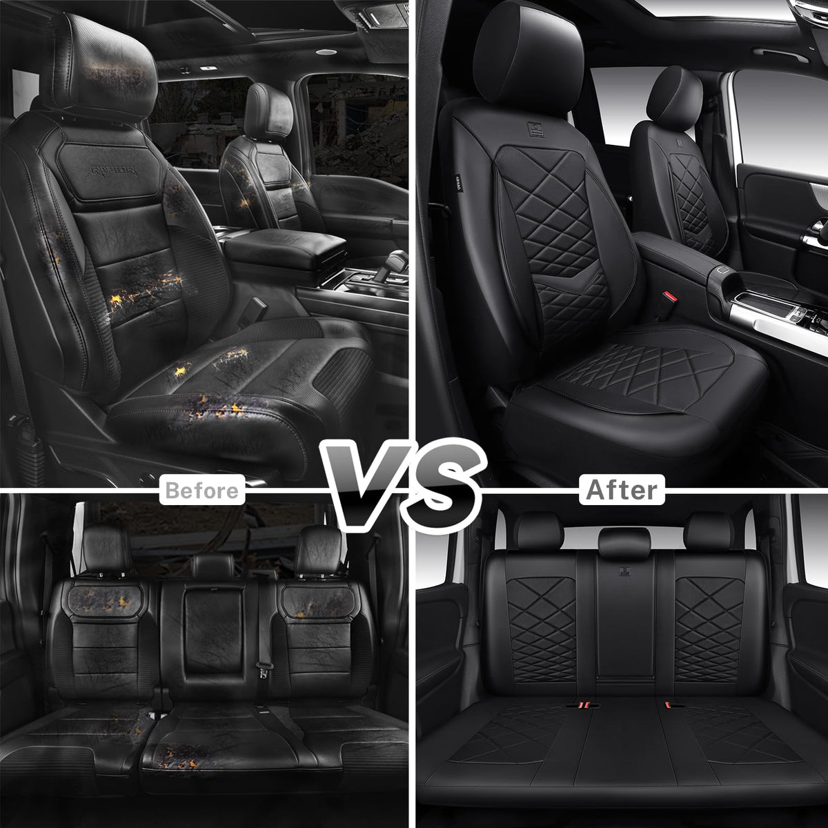 Water Resistant Faux Leather Seat Covers Full Set with Lumbar Support Solid Black E475
