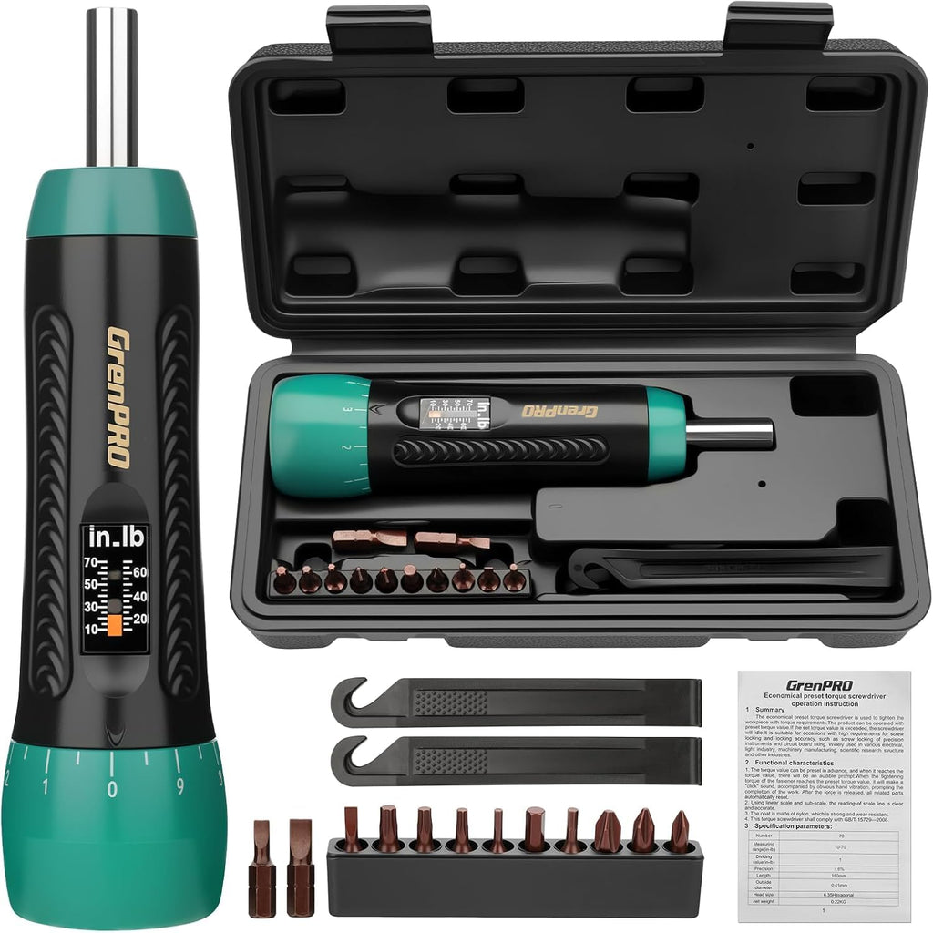 Torque Screwdriver 5-70 in-lb 1/4" Drive Precision Driver Set N9981