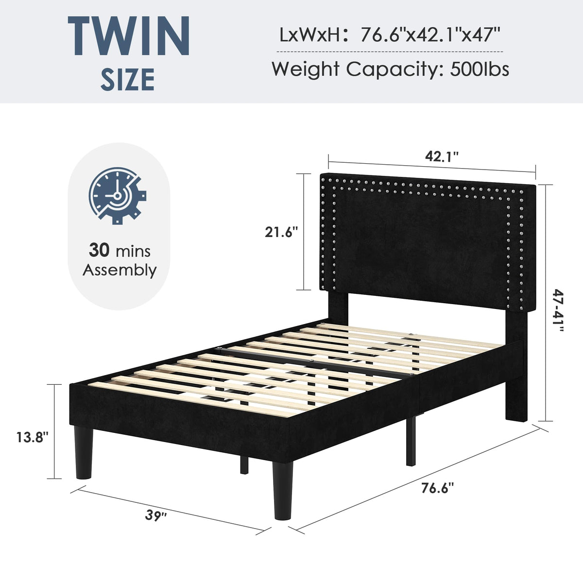 Twin Size Black Platform Bed Frame with Adjustable Upholstered Headboard J582