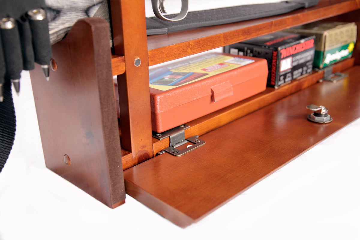 Solid Brown Pine 4 Gun Wall Rack with Locking Compartment M30595