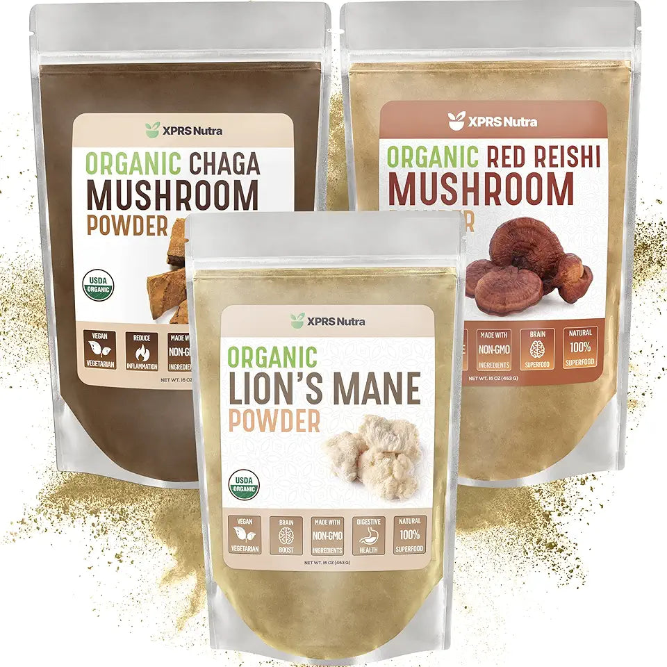 Organic Lion's Mane Chaga Red Reishi Mushroom Bundle 16 Ounces Each O619