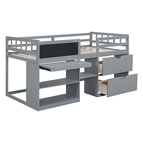 White Twin Size Wood Loft Bed with Desk and Drawers N7934